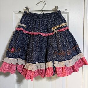 Oilily girls youth navy pink full ruffle skirt lock and key tiered size 8 years